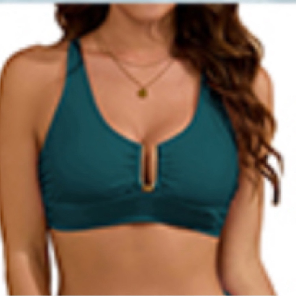 NWT Swimall Teal Crisscross Bikini Top with Gold Accent Adjustable straps Tie